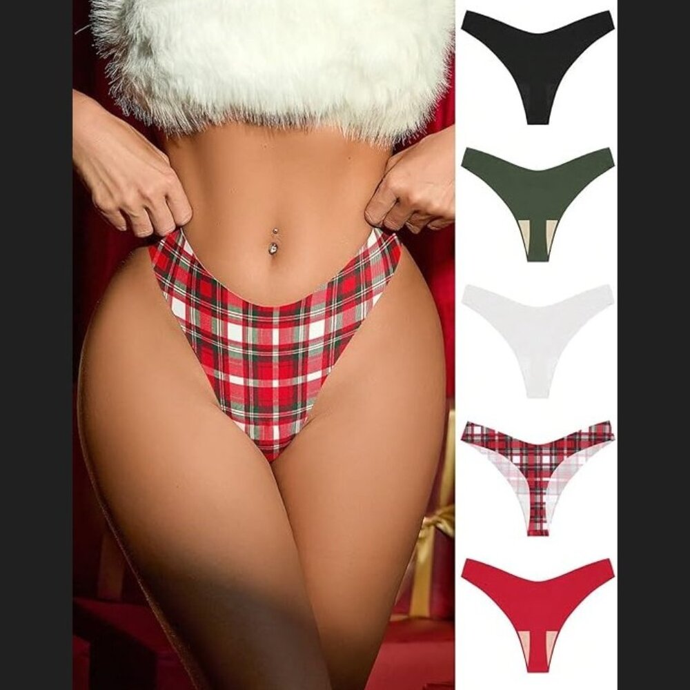 5 Pack - Women's Winter Thong Panties Plaid Print G String Multiple Colors